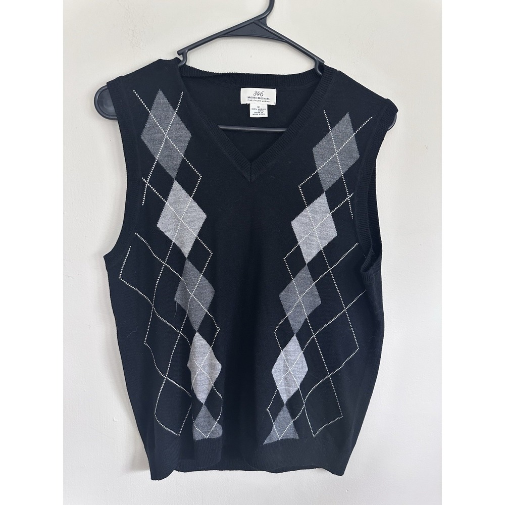 Brooks Brothers MEDIUM 100% Italian Merino Wool Black Sweater‎ Vest Mens Argyle